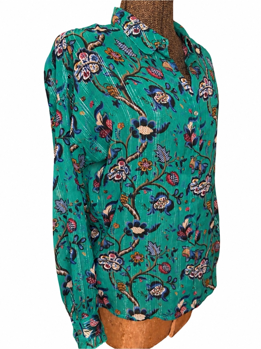 Scotch & Soda Maison Scotch Emerald Floral Sheer Metallic Blouse Size 6 - Picture 7 of 14